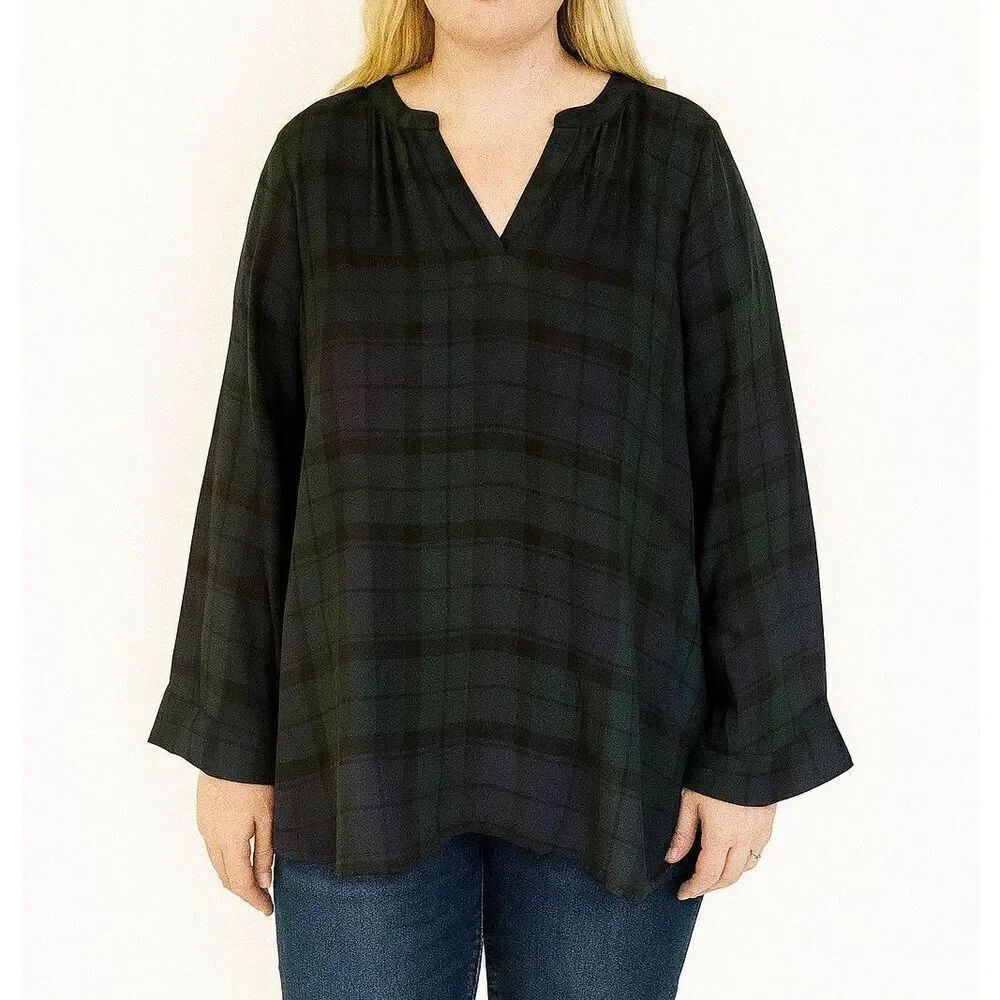 Loft the softened shirt blue green plaid popover blouse XL